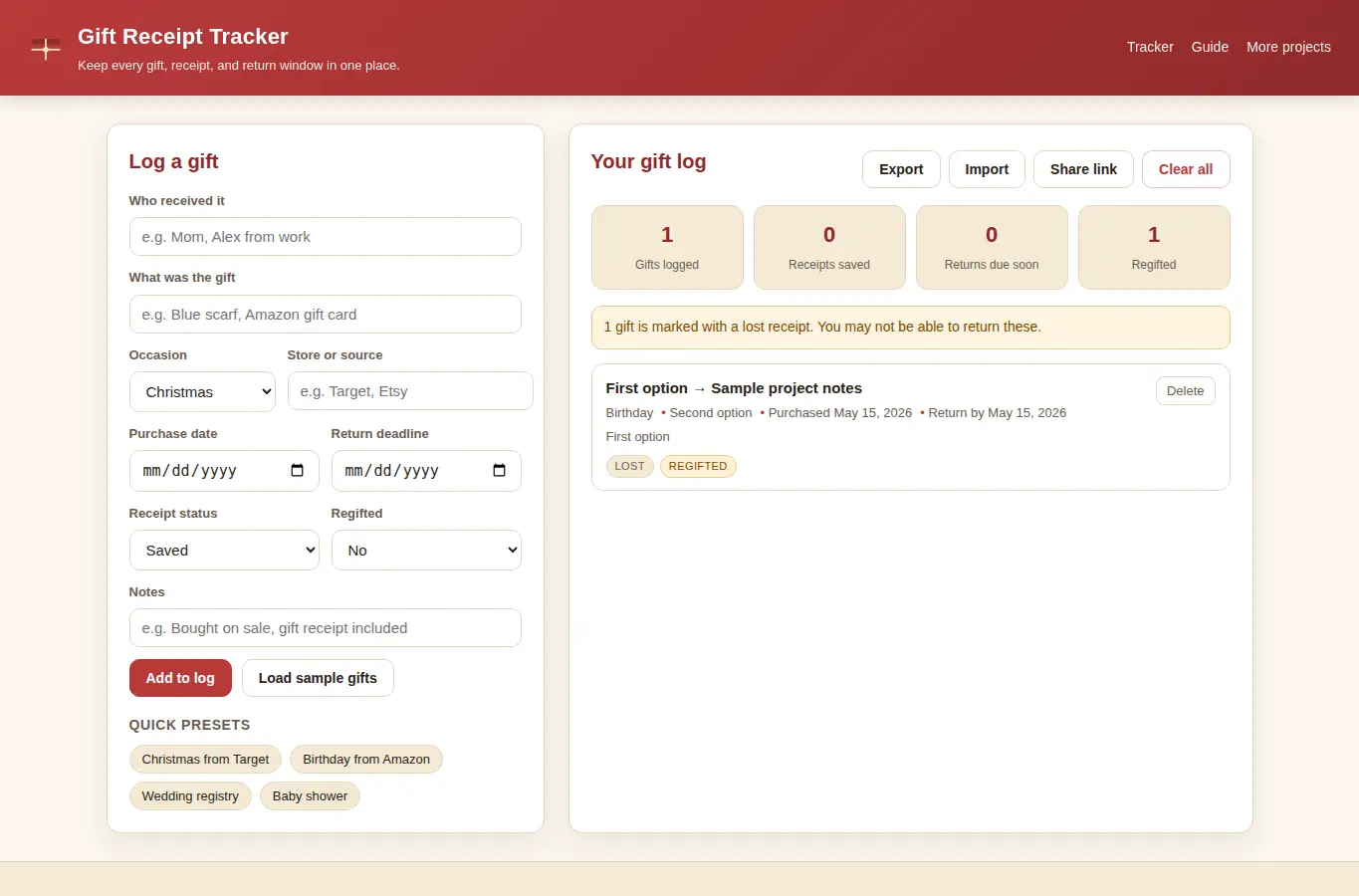 Screenshot of Gift Receipt Tracker interface showing the project page in use